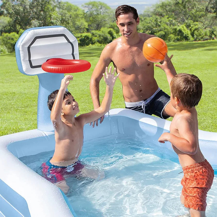 Inflatable family pool with basketball hoop in blue, side view, ideal for fun summer activities in Ahmedabad