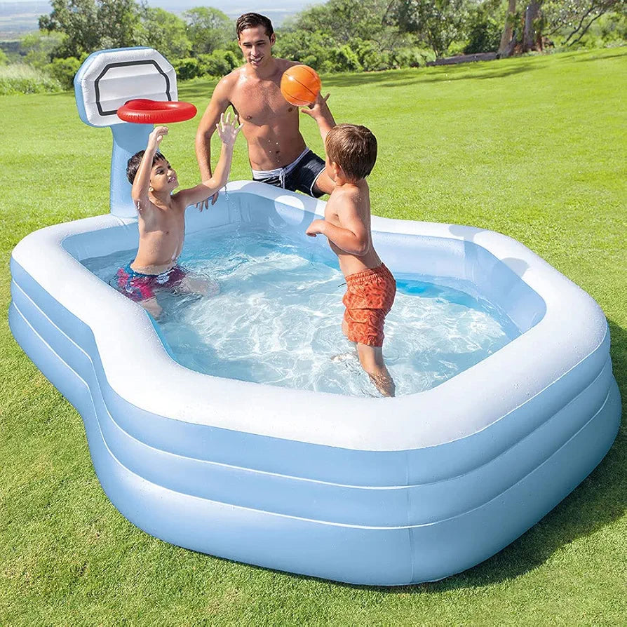Inflatable family pool with basketball hoop, light blue color, perfect for fun in Ahmedabad