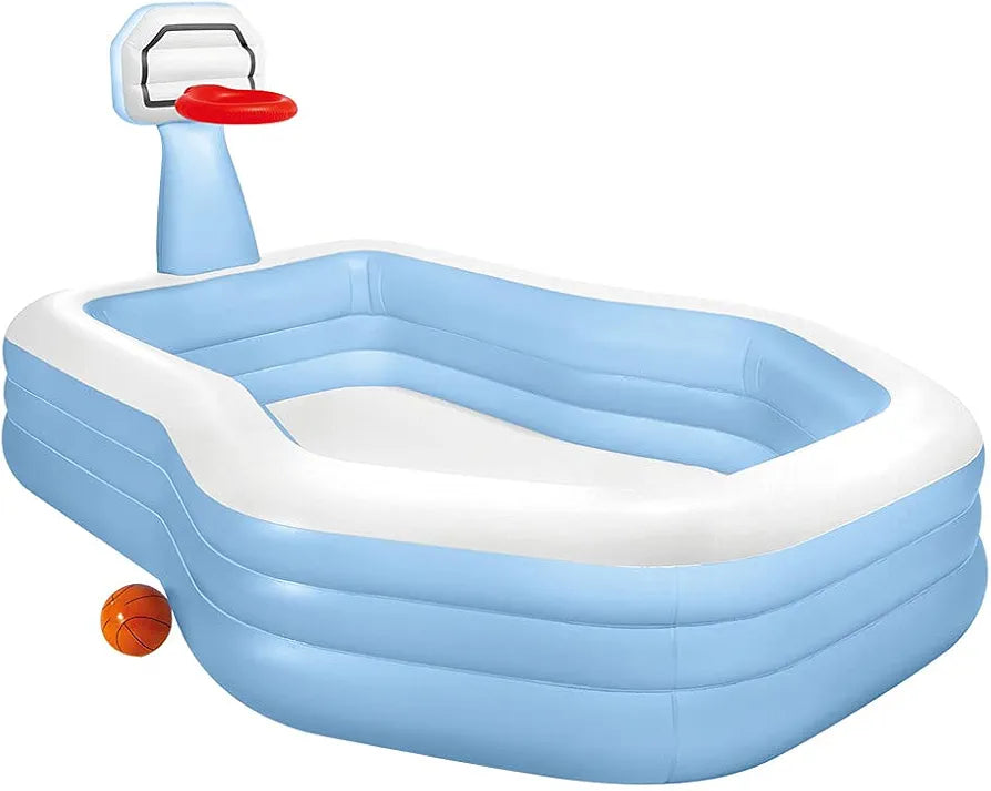 Light blue family pool with basketball hoop, side view, ideal for fun in Ahmedabad