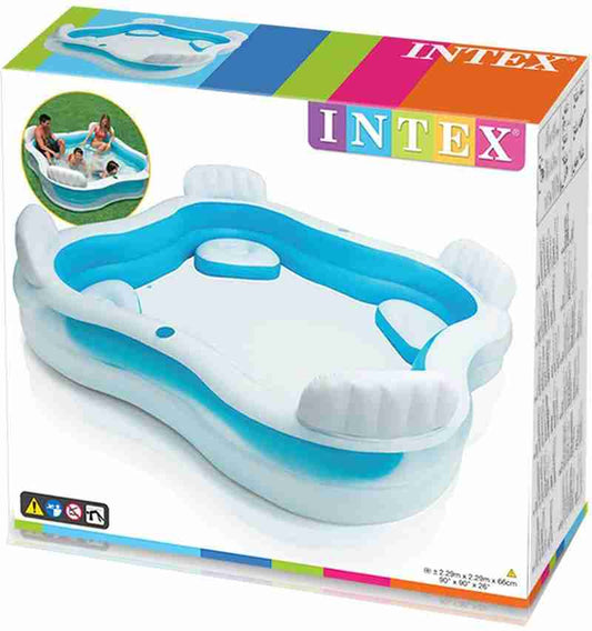 Intex inflatable family swimming pool full size Ahmedabad online India with blue and white design and built-in seats