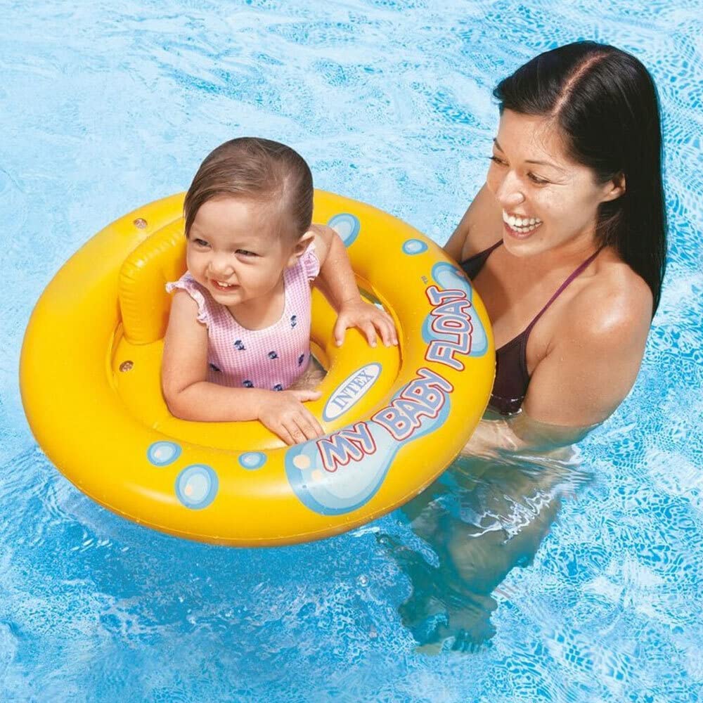 Intex My Baby Float with leg holder in yellow, side view, for infants to enjoy safe water fun