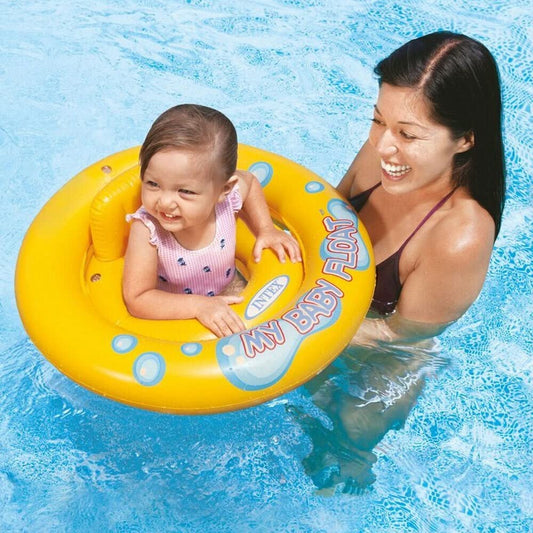 Intex My Baby Float with leg holder in yellow, side view, for infants to enjoy safe water fun