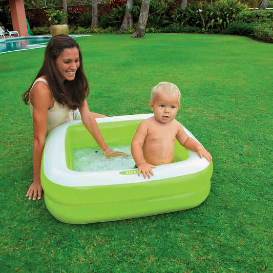 Intex portable inflatable swimming pool Ahmedabad with cheerful child and parent enjoying water fun in the backyard