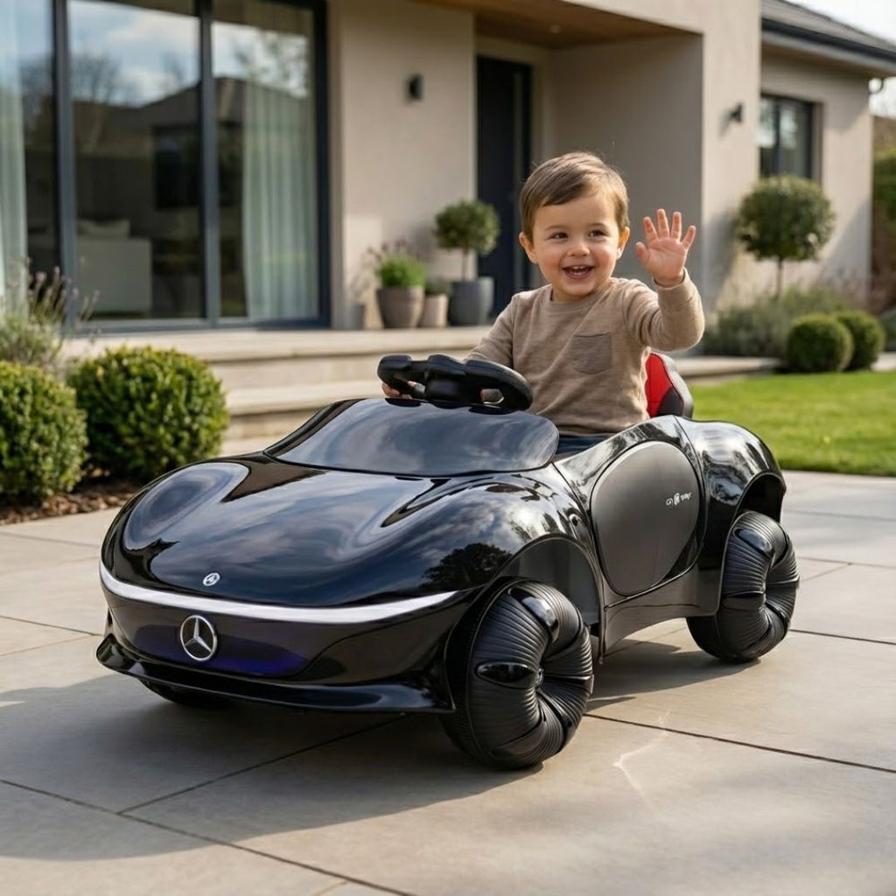 Black childs electric ride on car, front view, great for outdoor fun and playtime adventures