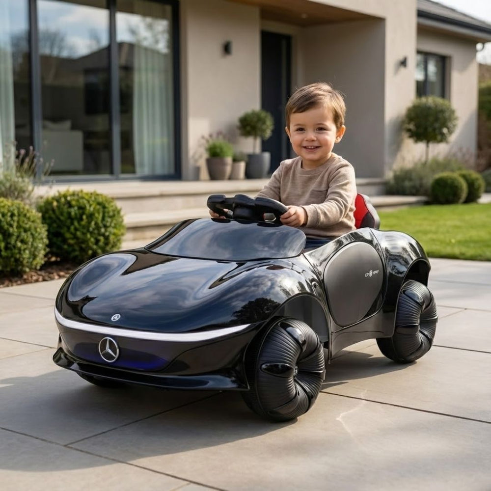 Black childs electric ride on car, front view, for outdoor fun and playtime.