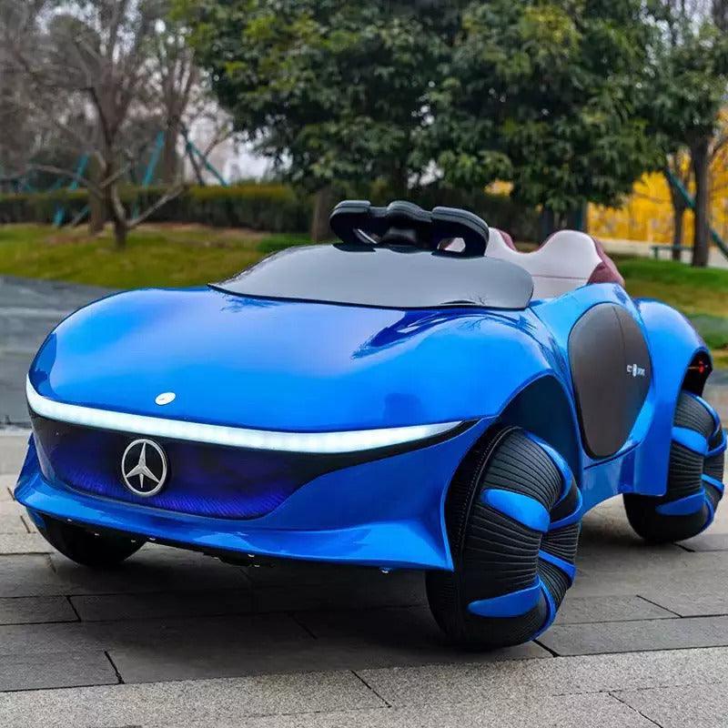 Blue childs electric ride on car, front view, perfect for outdoor fun and playtime adventures.