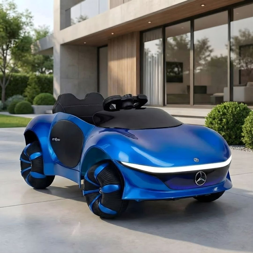 Blue childs electric ride on car, front view, perfect for outdoor fun and playtime in Ahmedabad