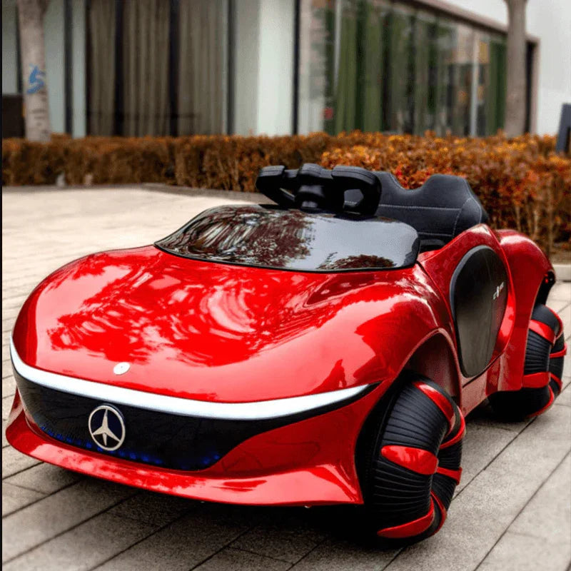 Red childs electric ride on car, front view, perfect for kids to enjoy outdoor fun with style