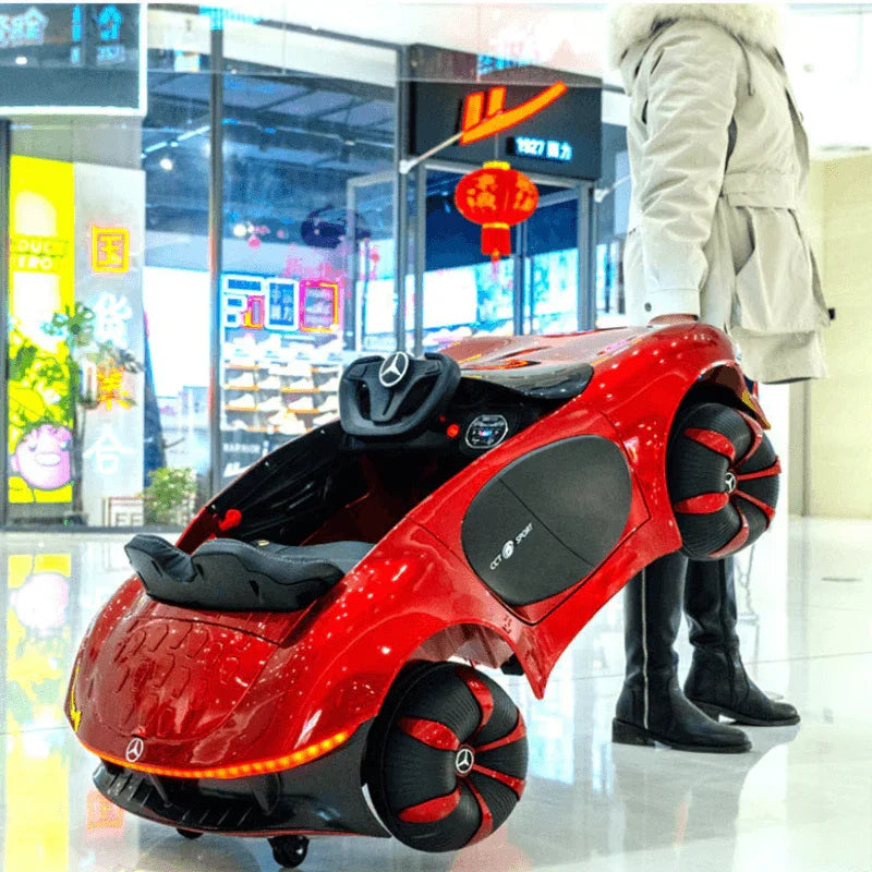 Red childs electric ride on car with sleek design, showcasing modern features, ideal for fun adventures