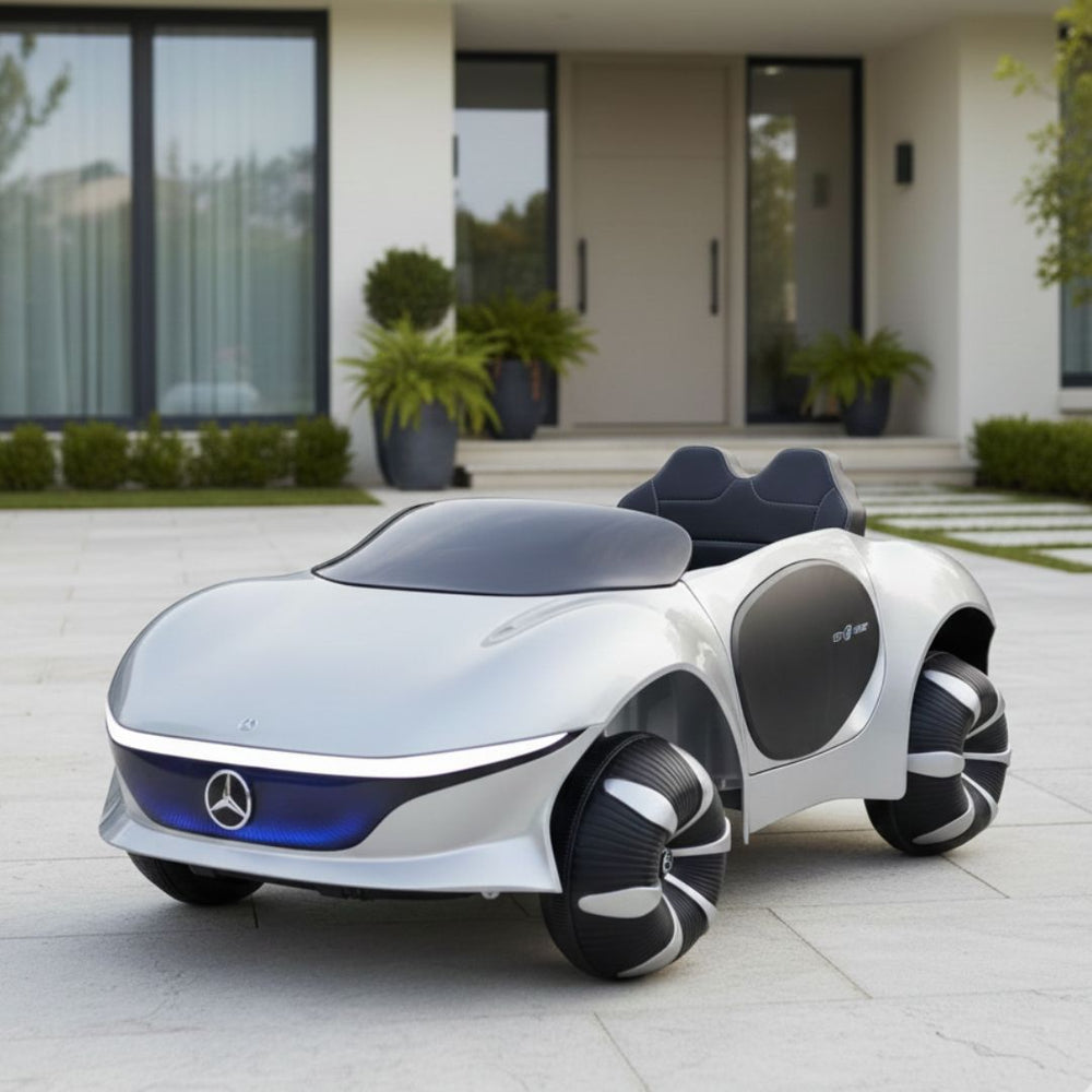 Silver Mercedes electric ride on car, side view, for kids aged 3 and up, perfect for outdoor fun