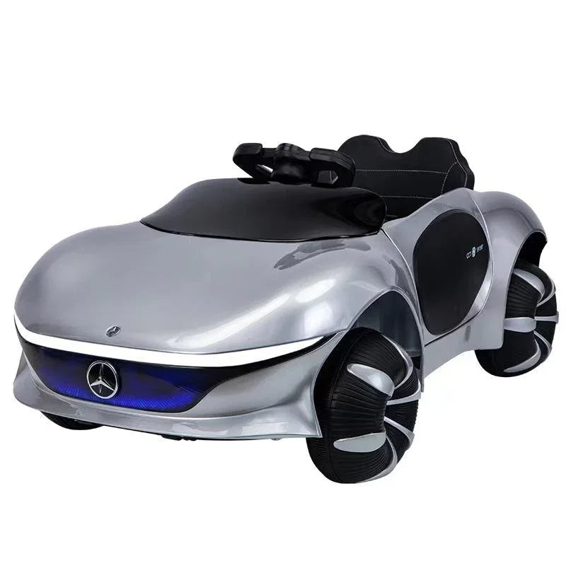 Silver child's electric ride on car with stylish design, front view, perfect for outdoor fun