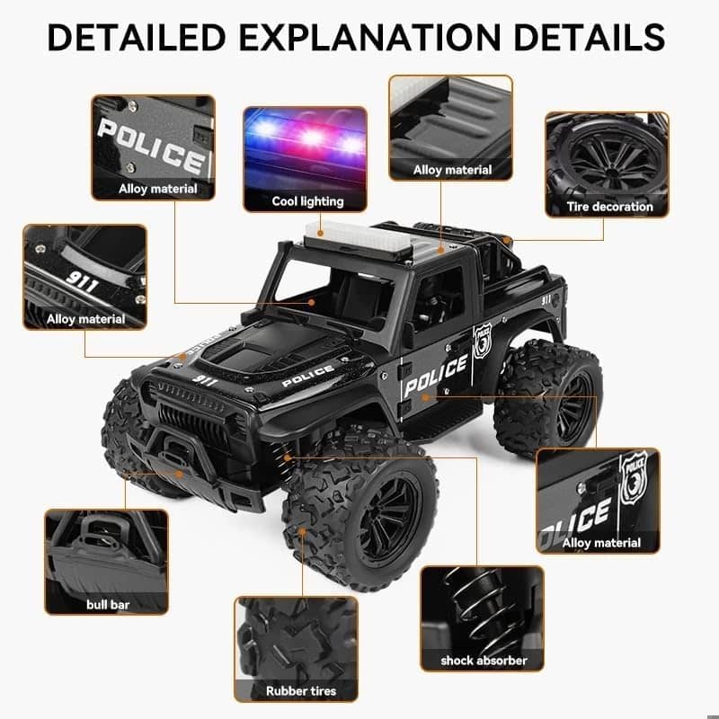 Remote Control Police Car in black with alloy material and cool lighting for ages 6 and up from Sam's Toy World