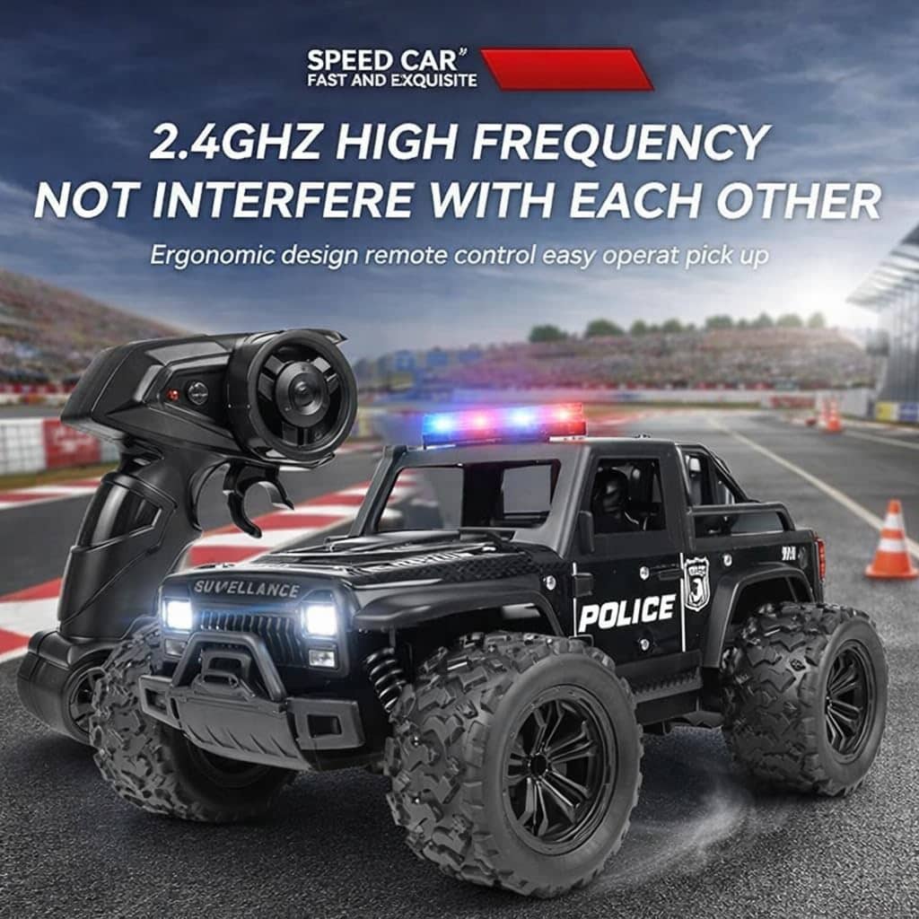 Remote Control Police Car in black with lights and off-road tires for ages 6 and up, Sam's Toy World