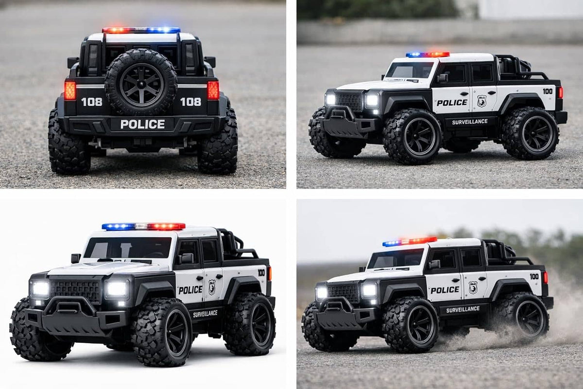 Remote Control Police Car in black and white with lights, suitable for kids, from Sam's Toy World Ahmedabad