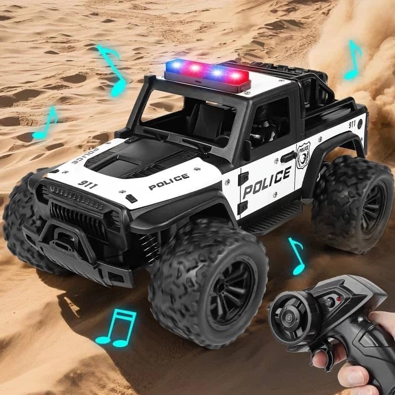 Remote Control Police Car in white with flashing lights and off-road tires for ages 6 and up from Sam's Toy World