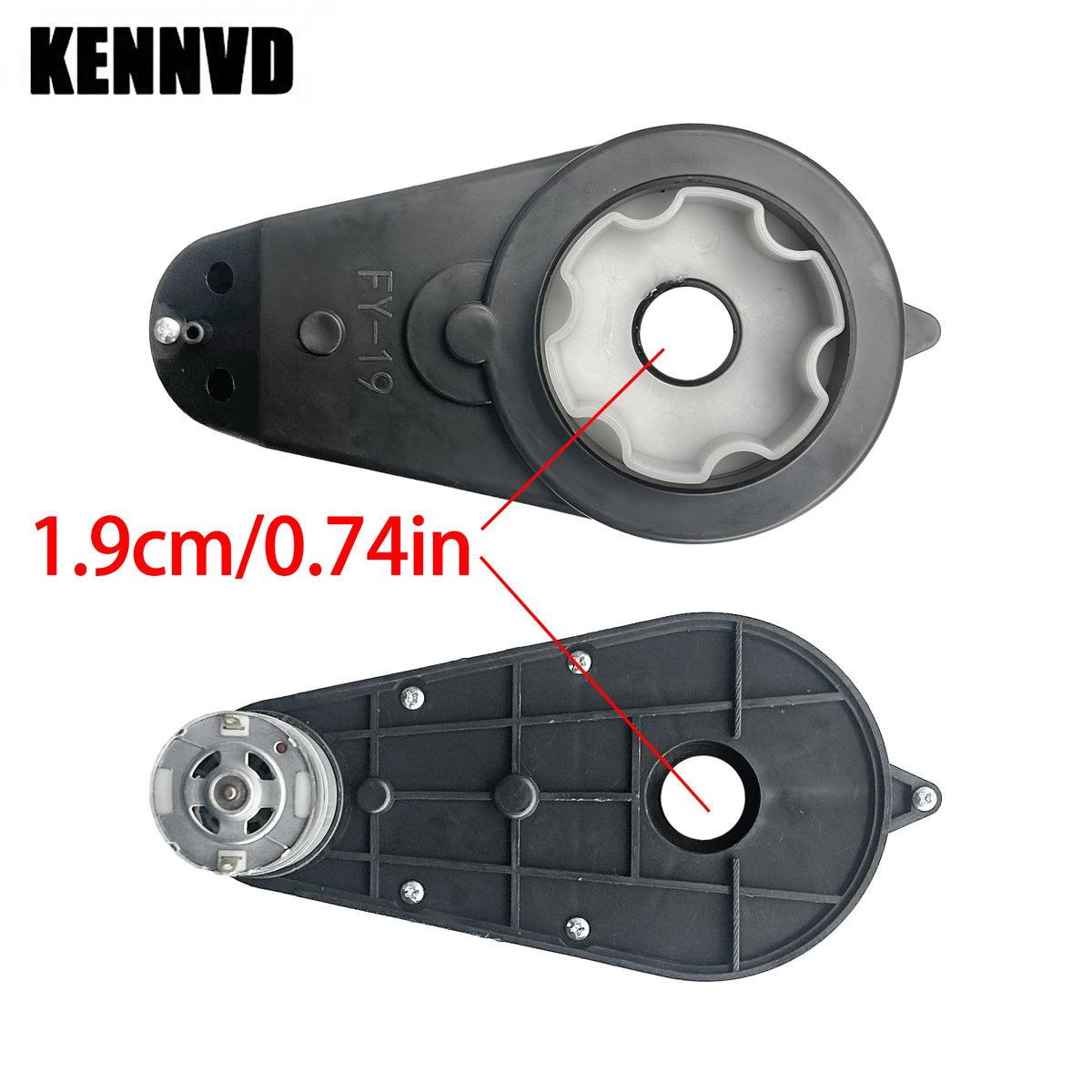 Black gear mechanism for childs electric ride on car with labeled size 1.9cm for easy installation
