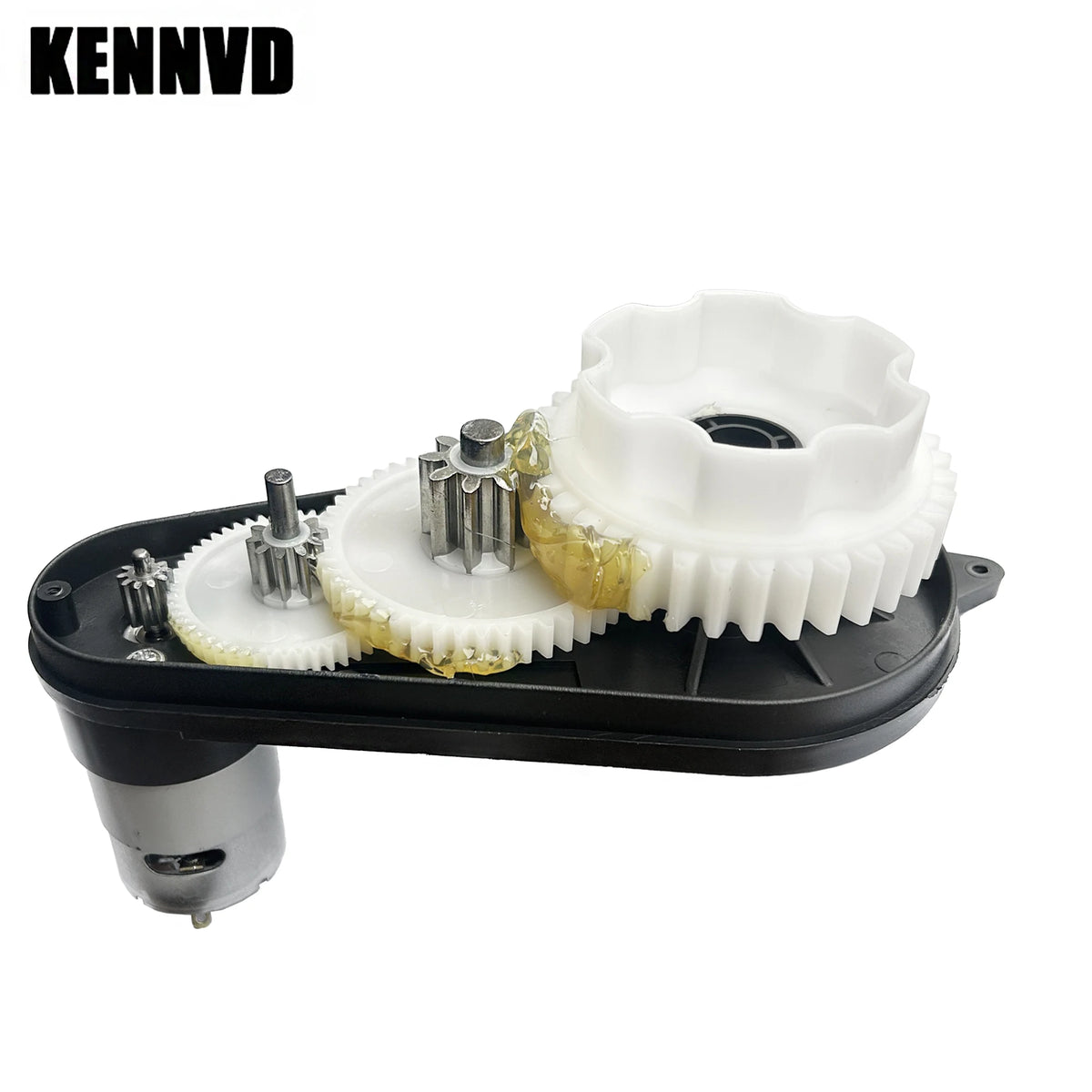 Child's electric ride on car gear system, white and black, side view, for toy car assembly and repair