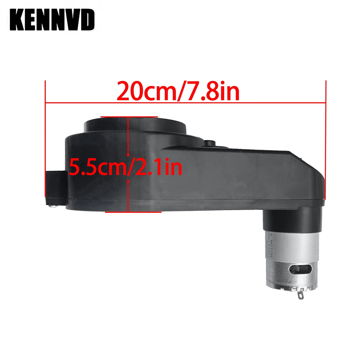 Side view of black motor for childs electric ride on car, measuring 20cm by 5.5cm, for smooth operation