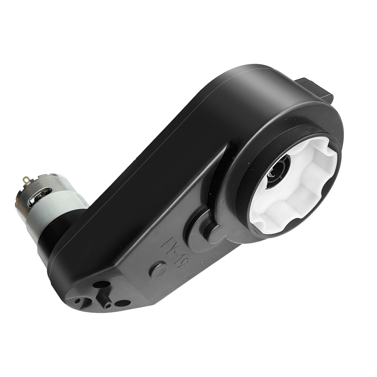 Black electric motor gearbox for a childs electric ride on car, side view, for enhancing driving performance
