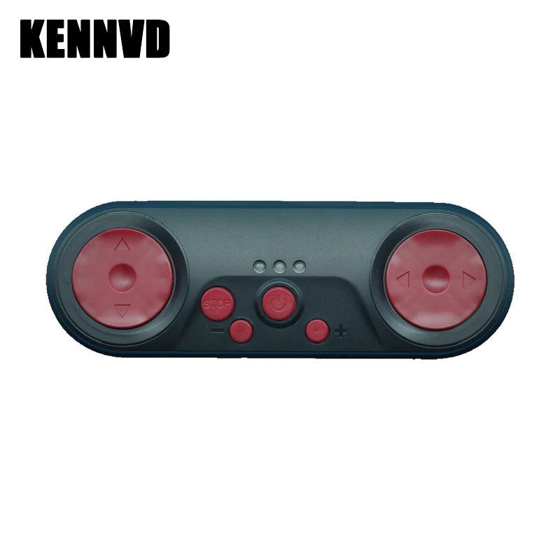Remote control desktop chrome in gray and red, top view, for gaming and navigation purposes
