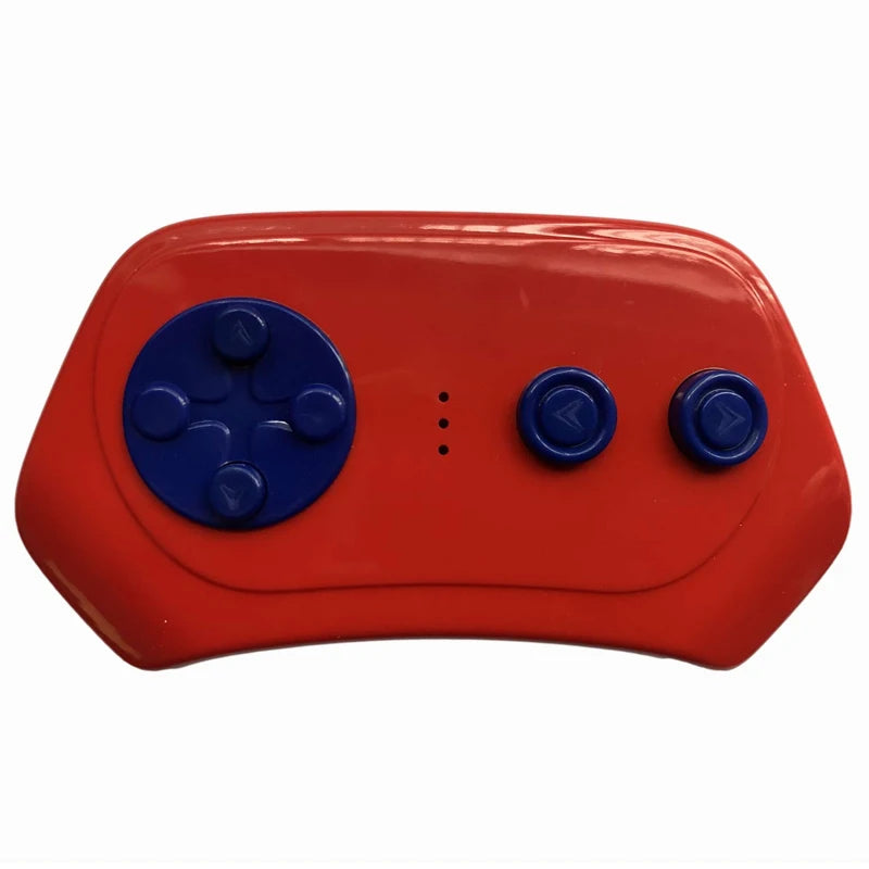 Red remote control desktop chrome controller with blue buttons, ideal for gaming or toy control