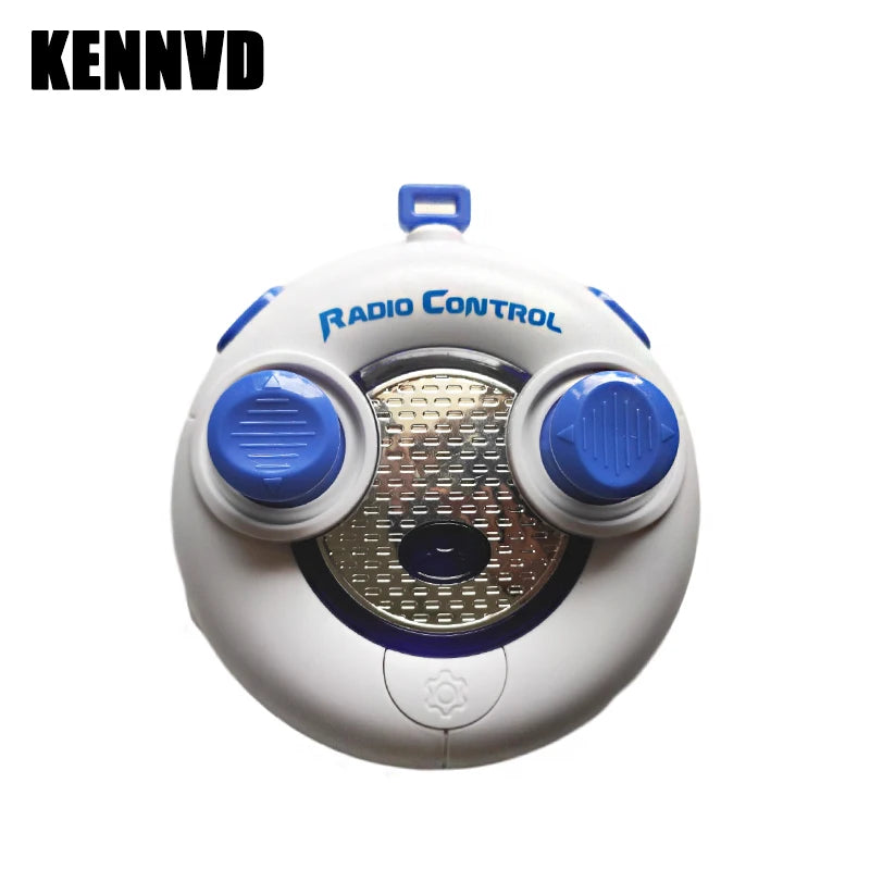 White remote control desktop chrome with blue buttons, top view, ideal for gaming and hobby projects