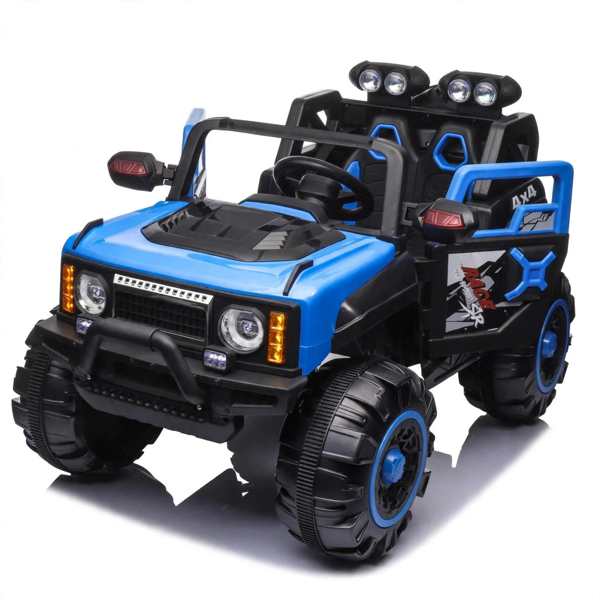 Kids 4x4 2 seater jumbo size electric jeep car in blue with off-road tires for ages 3 and up from Sam's Toy World