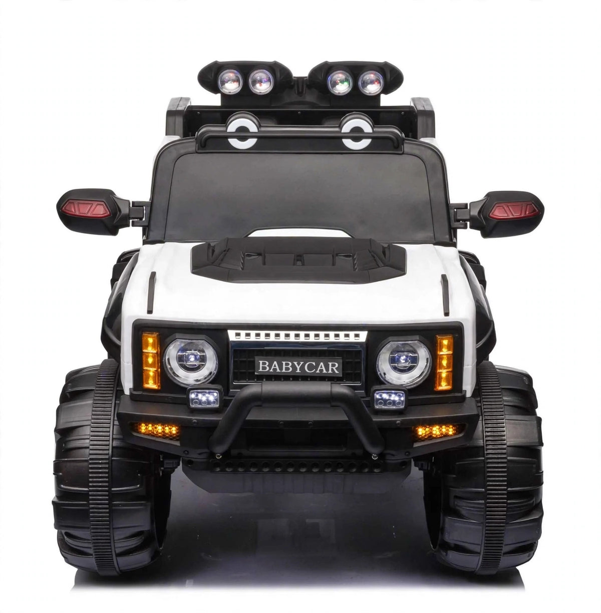 Kids 4x4 2 seater jumbo size electric jeep car in black and white. Suitable for ages 3-7. Available at Sam's Toy World.