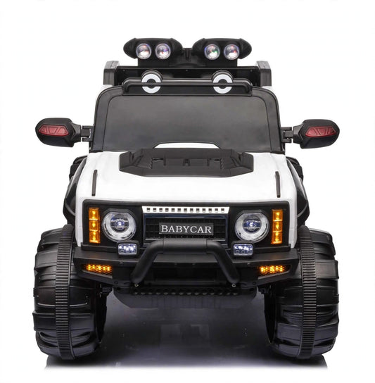Kids 4x4 2 seater jumbo size electric jeep car in black and white. Suitable for ages 3-7. Available at Sam's Toy World.