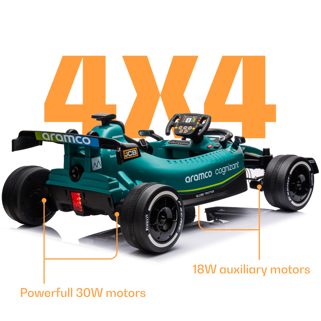 Green kids battery operated car Formula 1, side view, for young racers with powerful motors