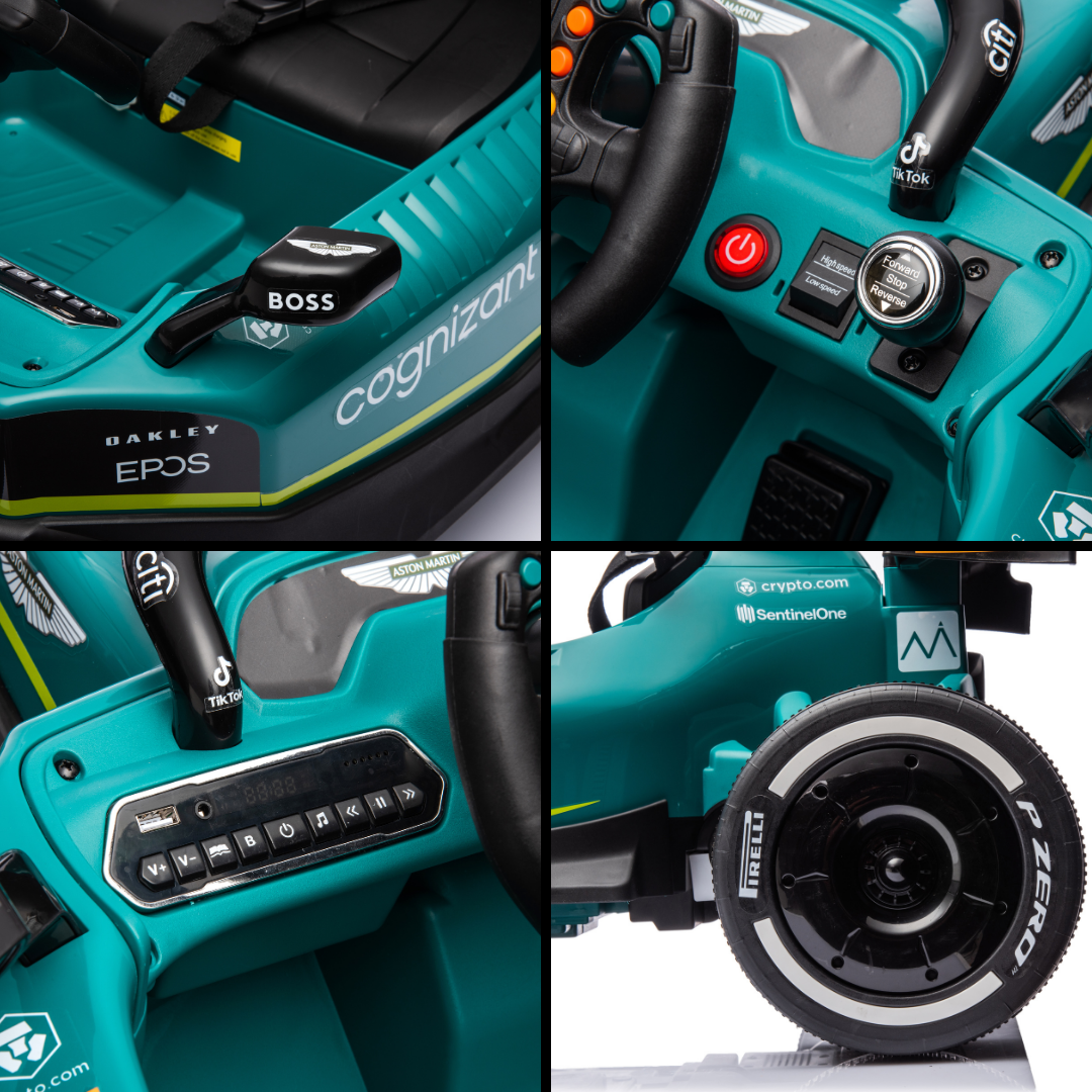 Close-up view of kids battery operated Car Formula 1 features like steering wheel and dashboard controls