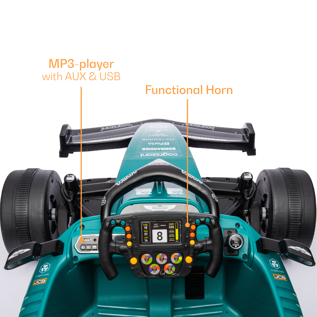 Green kids battery operated Car Formula 1 with MP3 player and functional horn, top view for happy playtime