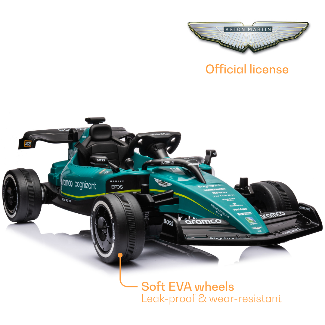 Aston Martin Kids battery operated Car Formula 1, sleek green design, side view, perfect for fun outdoor rides
