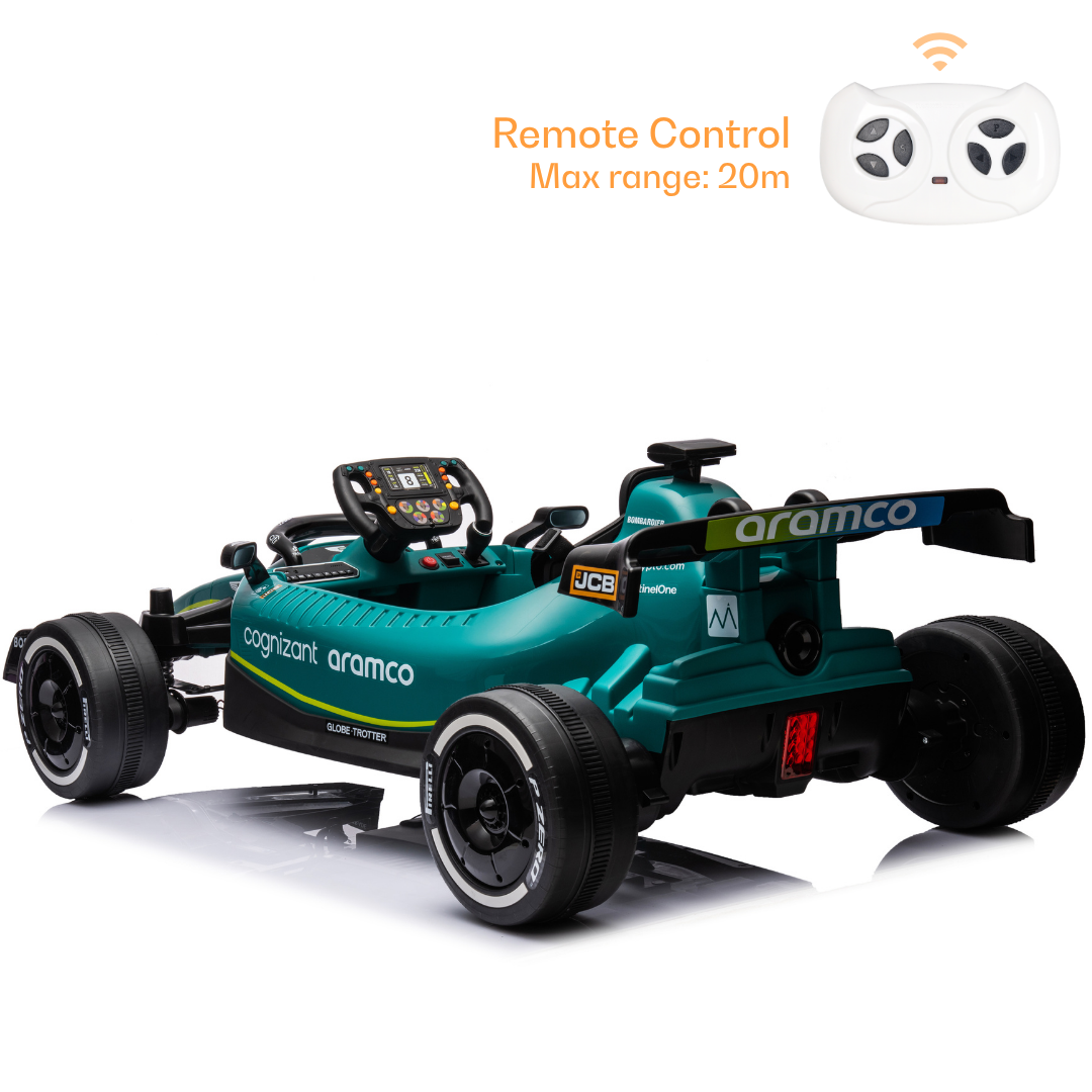 Teal Kids battery operated Car Formula 1 with remote control, side view, perfect for outdoor fun