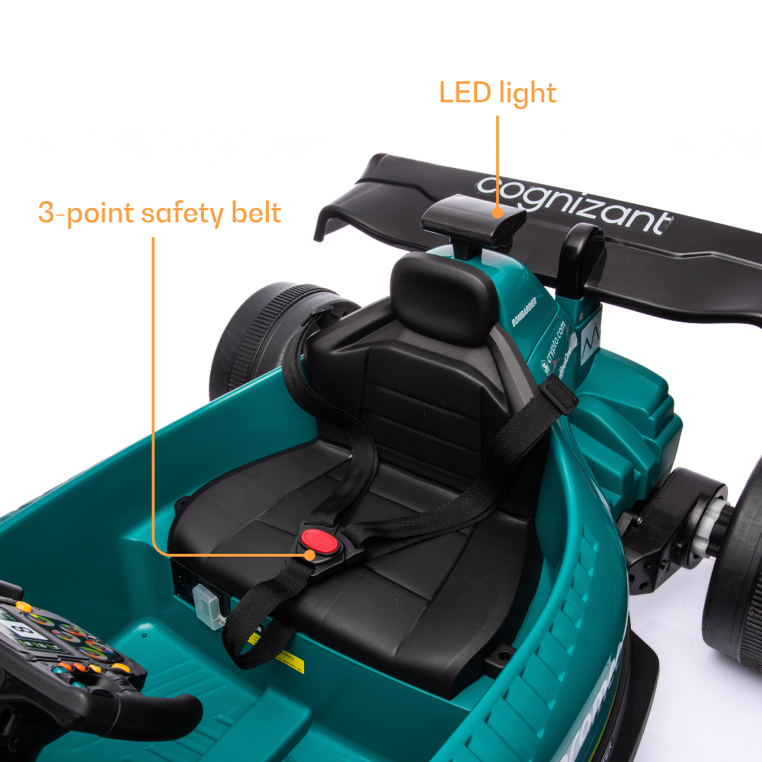 Kids battery operated Car Formula 1 in teal with LED light and 3-point safety belt for safe rides