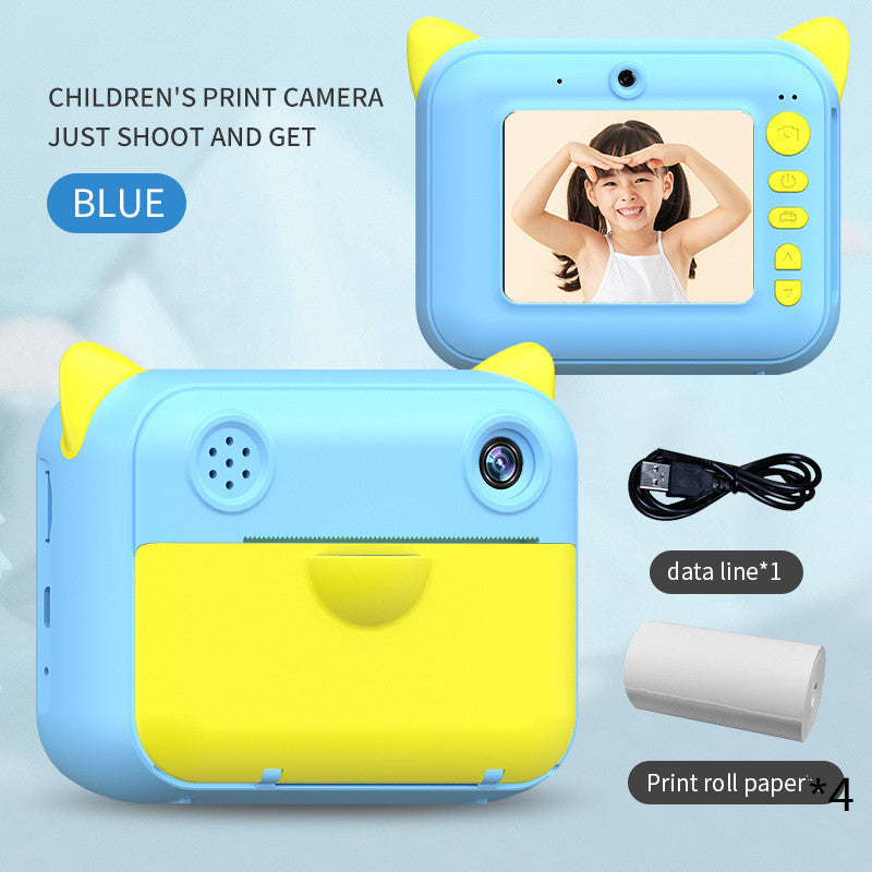 Blue kids camera with printer, front view, for capturing and printing fun memories
