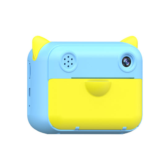 Blue and yellow kids camera with printer, front view, designed for capturing and printing fun memories