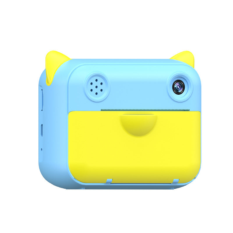 Blue and yellow kids camera with printer, front view, designed for capturing and printing fun memories