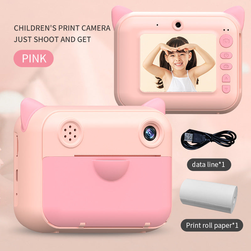 Pink kids camera with printer, rear view, designed for fun photo printing and instant memories