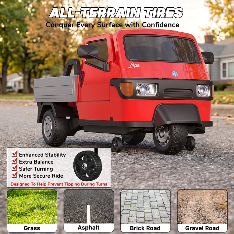 Kids electric Auto ride on Piaggio Tempo in Ahmedabad with red color and all-terrain tires for ages 3-7 from Sam's Toy World