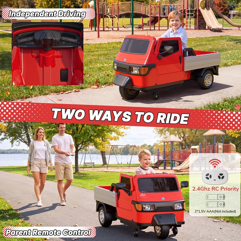 Kids electric Auto ride on Piaggio Tempo in red with remote control; for ages 3-8 from Sam's Toy World