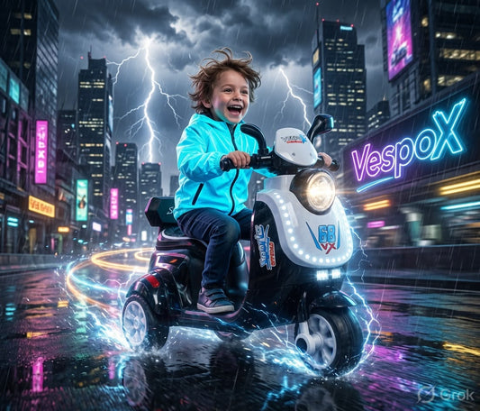VespoX Kids Electric Bike in White, ideal for toddlers, from Sam's Toy World in Ahmedabad