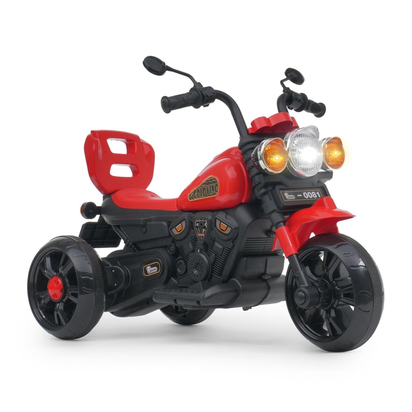 Red kids goldwing ride on ev bike with warranty in Ahmedabad featuring three wheels and realistic design
