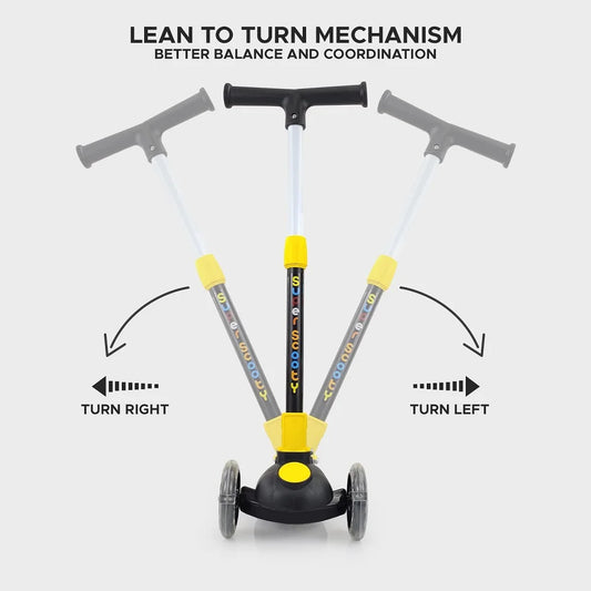 Kids kick scooter with lean to turn mechanism in yellow and black for ages 3 and up from Sam's Toy World
