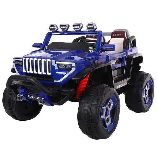 Kids Remote Control Ride on Jumbo Jeep in blue with large tires and LED lights for outdoor fun