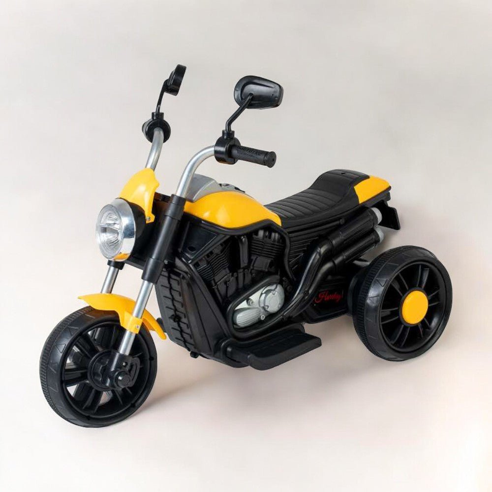 Kids three wheel bike with foot accelerator in Gujarat, yellow and black design with realistic motorcycle style