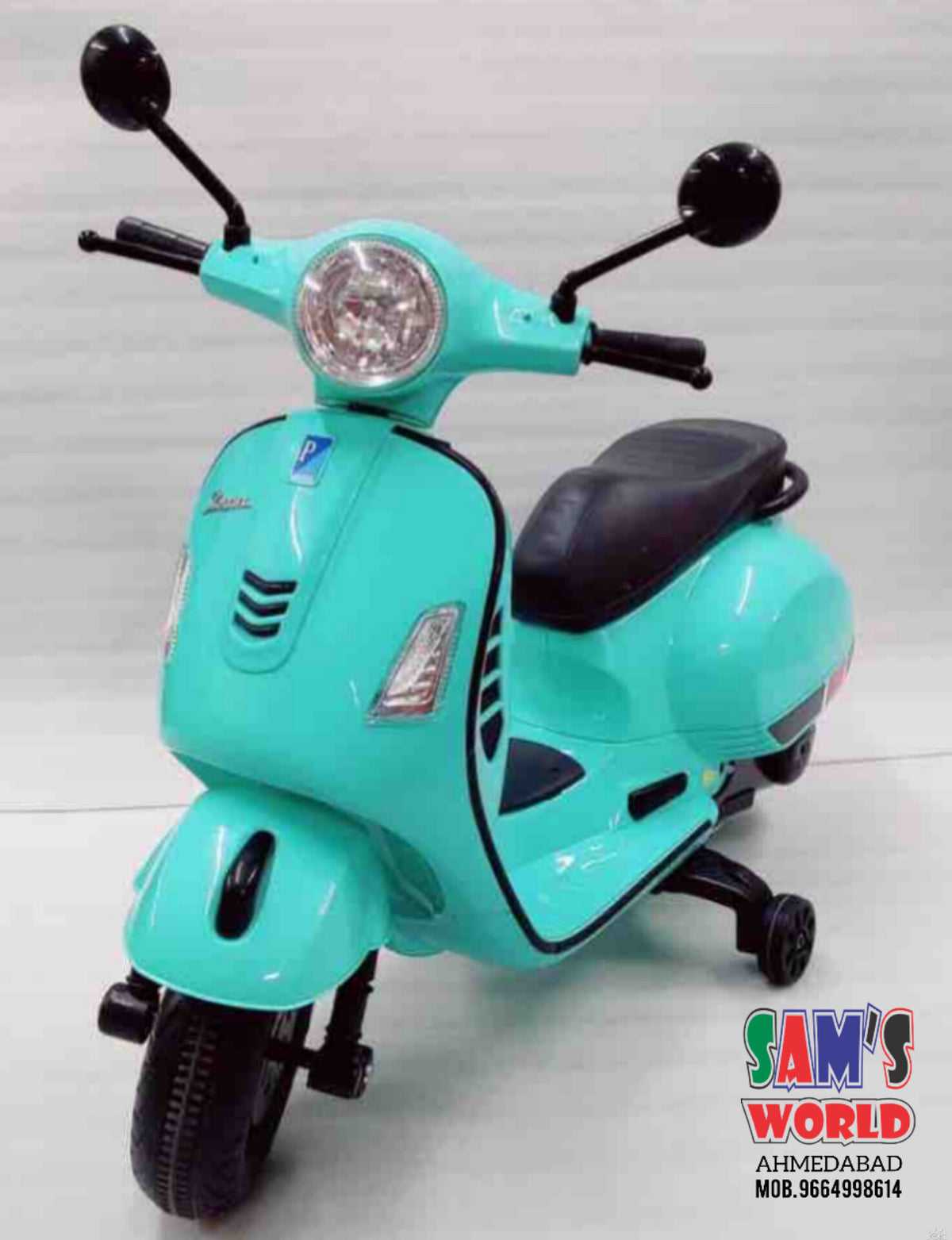 Kids vespa scooter in teal color for ages 3-8, perfect battery scooter for kids in Ahmedabad Gujarat from Sam's Toy World