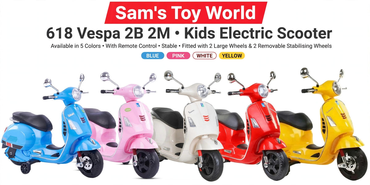 Kids Vespa Scooter in Blue, Pink, Red, and Yellow for ages 2-6 from Sam's Toy World