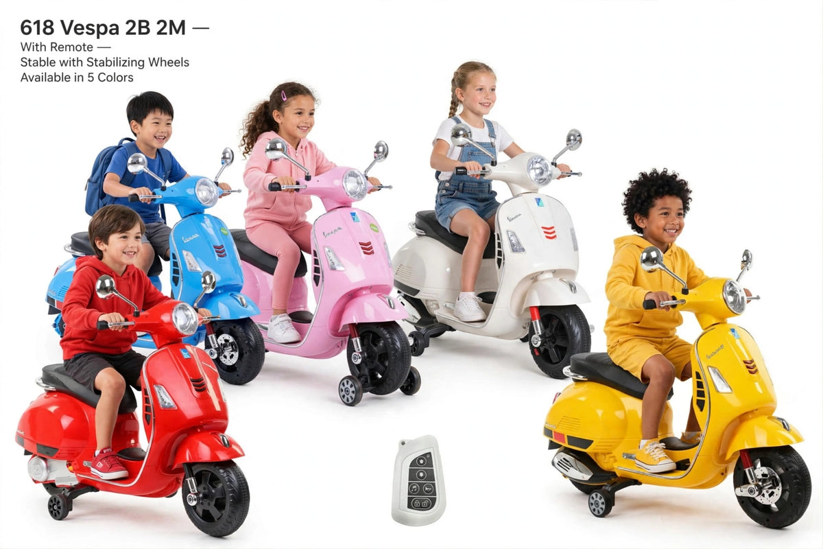 Kids Vespa scooter in red, pink, white, and yellow for ages 3-8 with remote; Sam's Toy World
