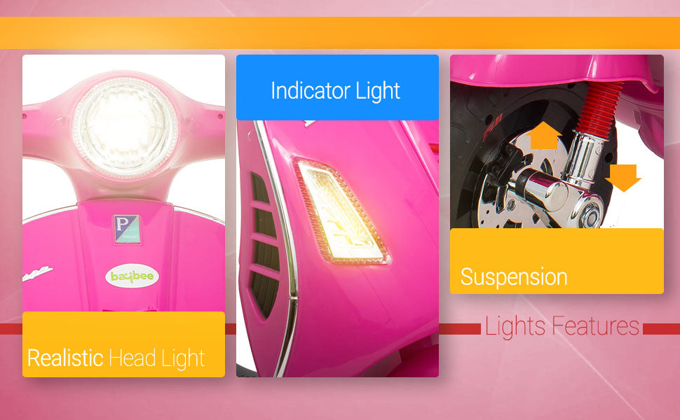 Kids Vespa scooter in pink with realistic headlight and indicator light for children; Sam's Toy World